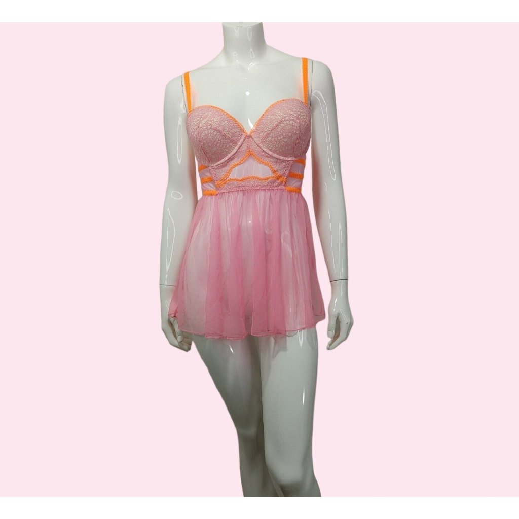 Victoria's Secret Pink & Orange Lace Sheer Babydoll Lingerie Size 36c P